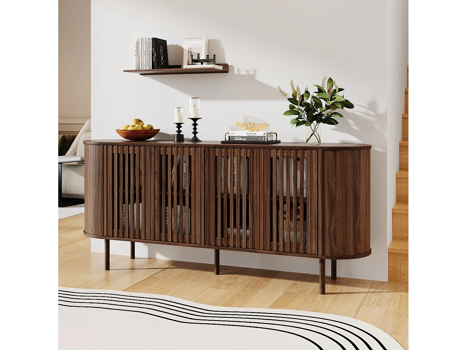 Buffet moderne 160x40x70 cm - 4 portes coulissantes ajourées - Étagères réglables et pieds en métal - Finition bois - Marron
