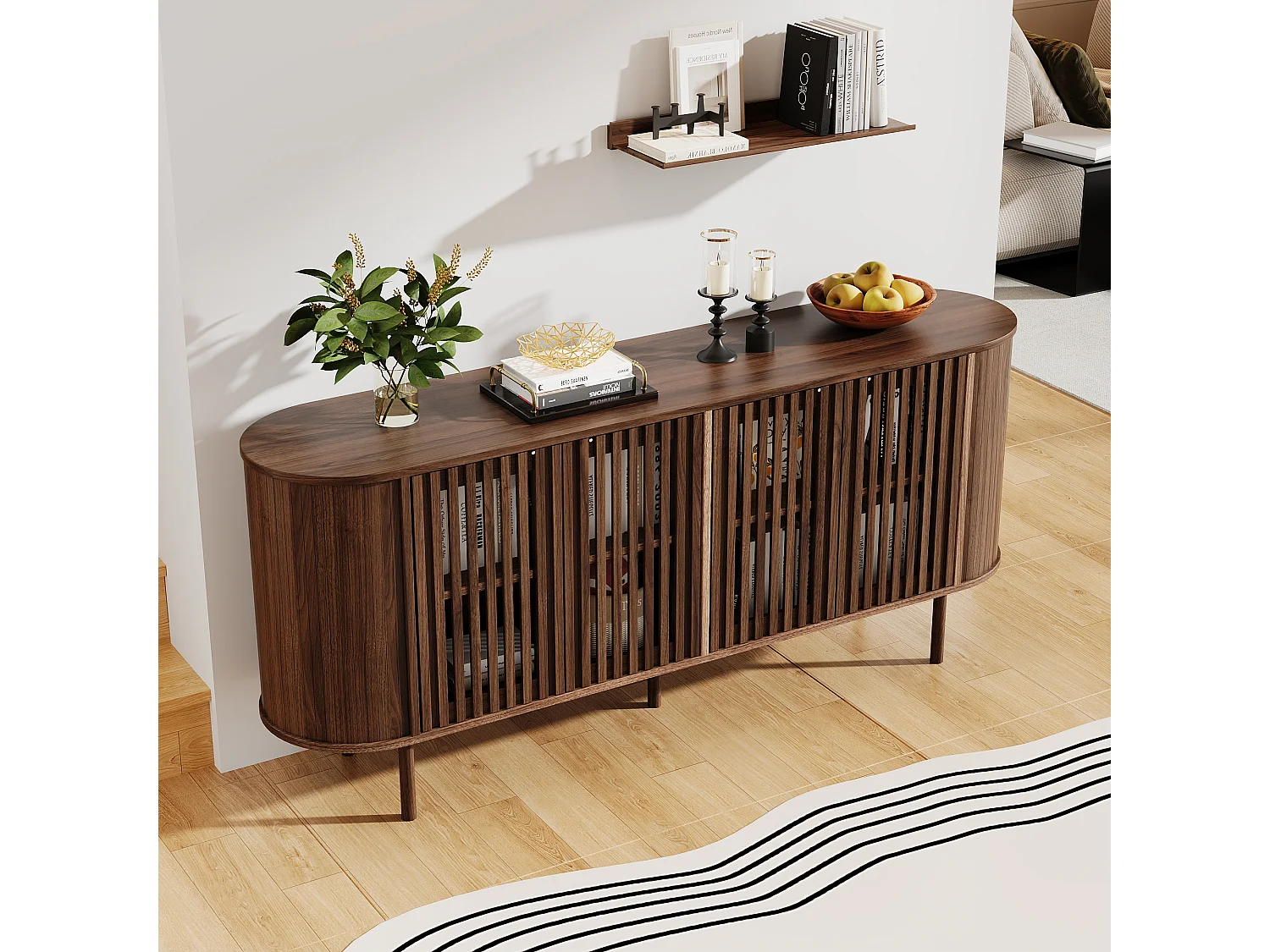 Buffet moderne 160x40x70 cm - 4 portes coulissantes ajourées - Étagères réglables et pieds en métal - Finition bois - Marron