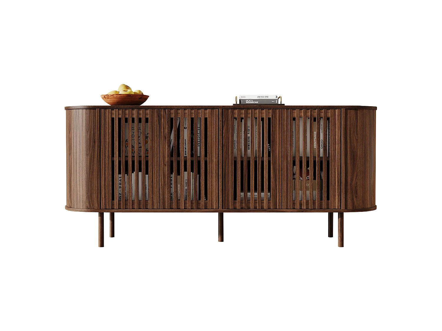 Buffet moderne 160x40x70 cm - 4 portes coulissantes ajourées - Étagères réglables et pieds en métal - Finition bois - Marron