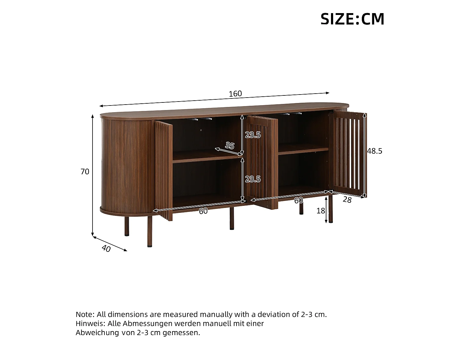 Buffet moderne 160x40x70 cm - 4 portes coulissantes ajourées - Étagères réglables et pieds en métal - Finition bois - Marron