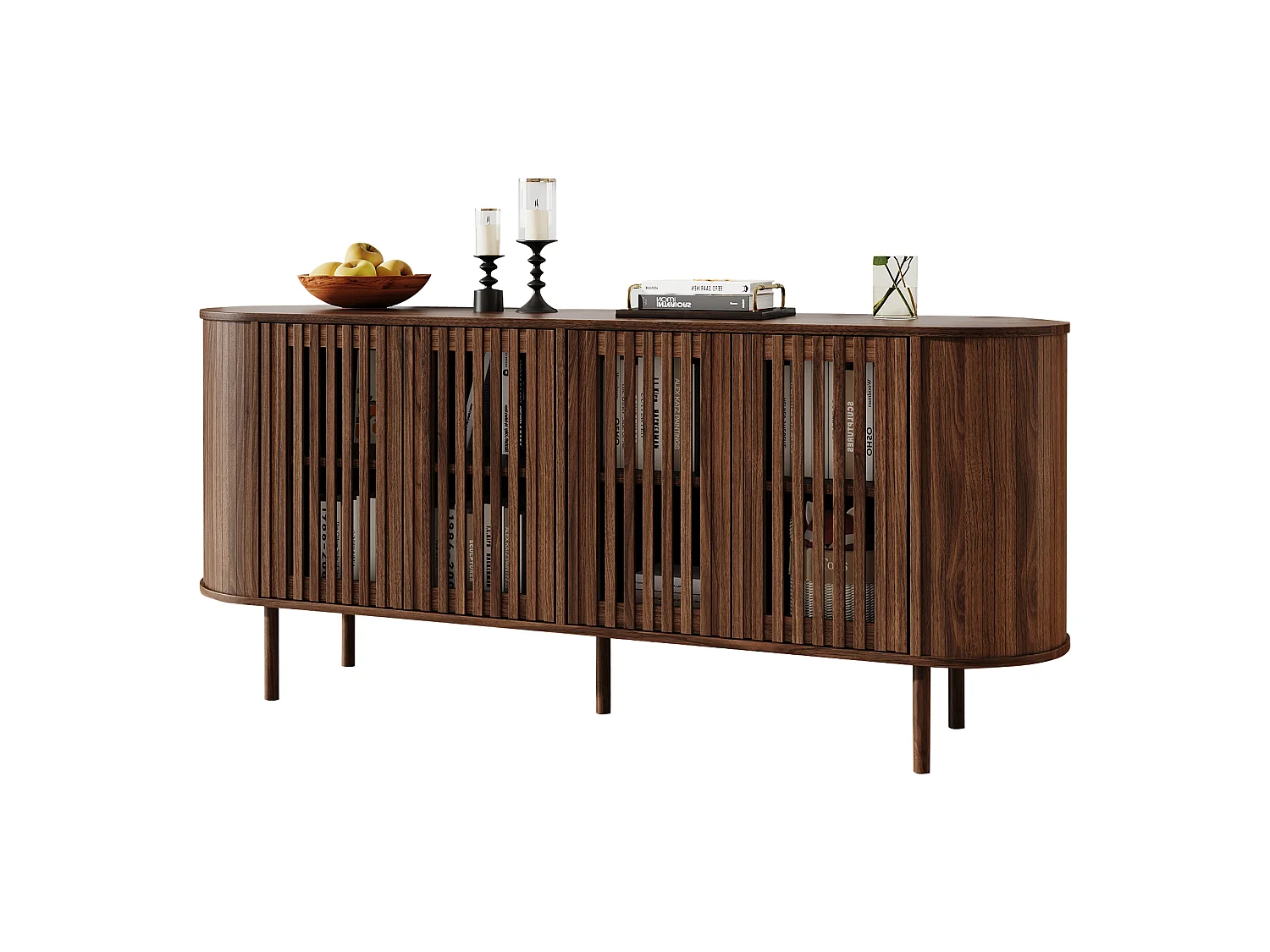 Buffet moderne 160x40x70 cm - 4 portes coulissantes ajourées - Étagères réglables et pieds en métal - Finition bois - Marron