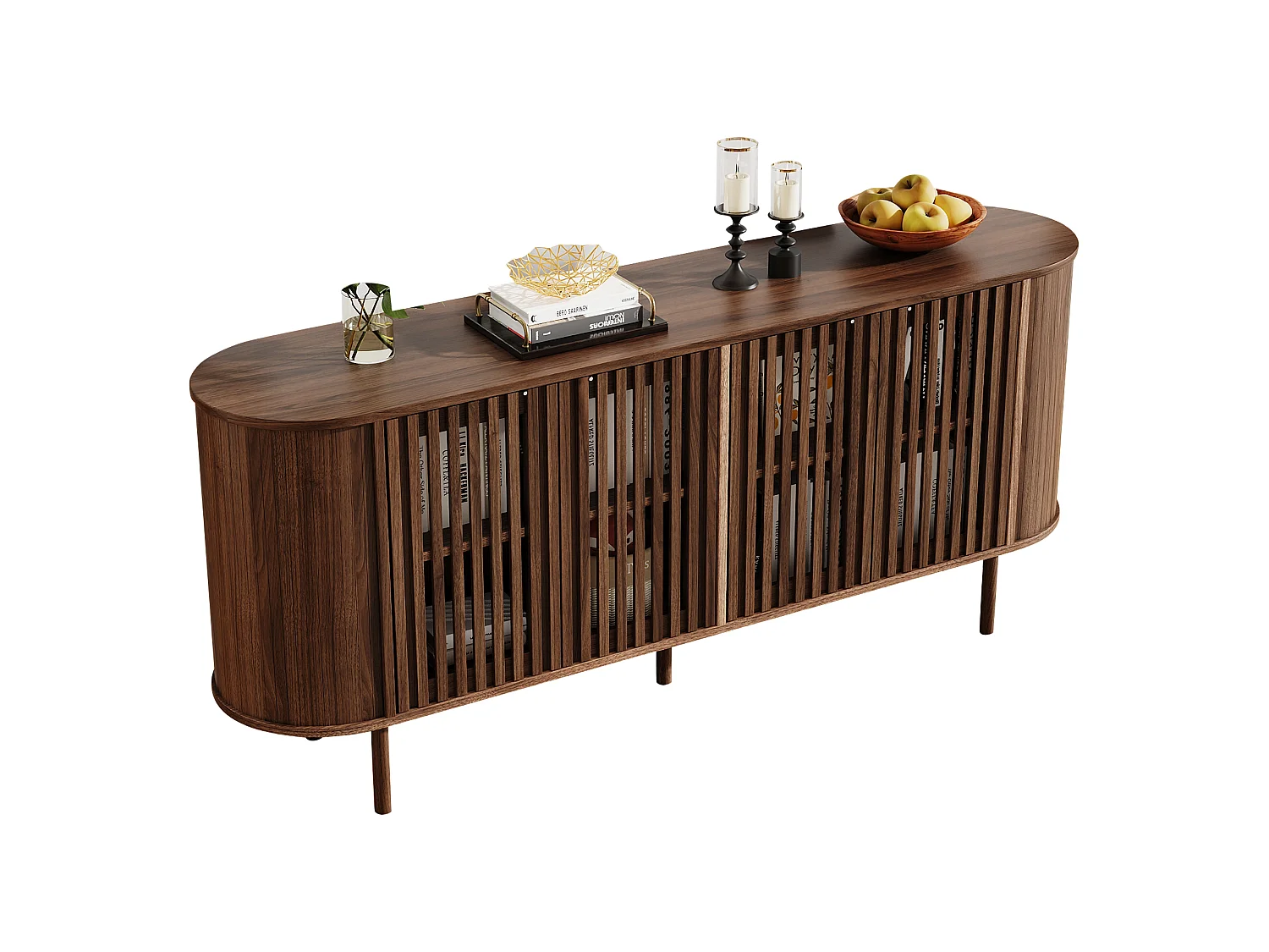 Buffet moderne 160x40x70 cm - 4 portes coulissantes ajourées - Étagères réglables et pieds en métal - Finition bois - Marron