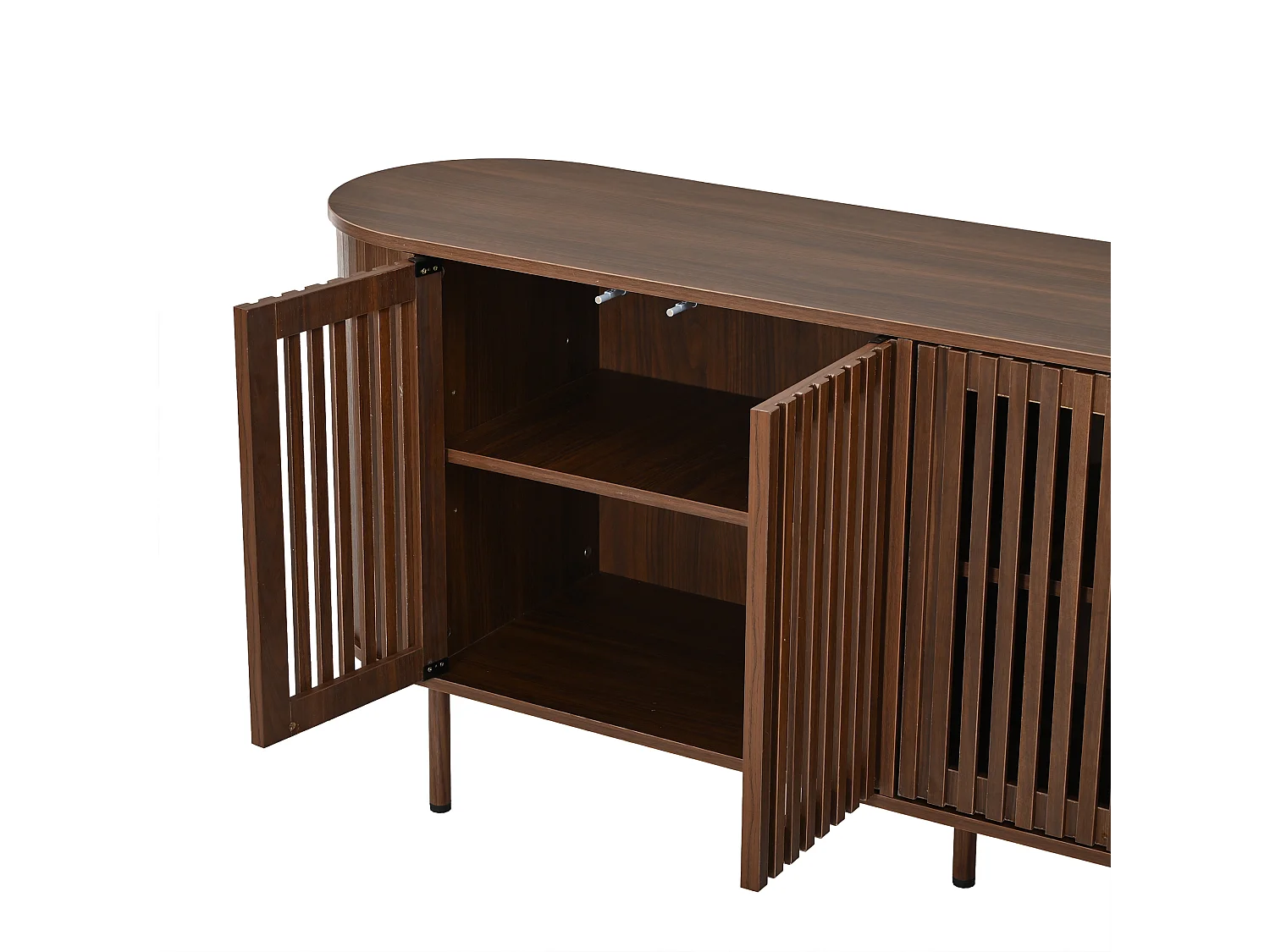 Buffet moderne 160x40x70 cm - 4 portes coulissantes ajourées - Étagères réglables et pieds en métal - Finition bois - Marron
