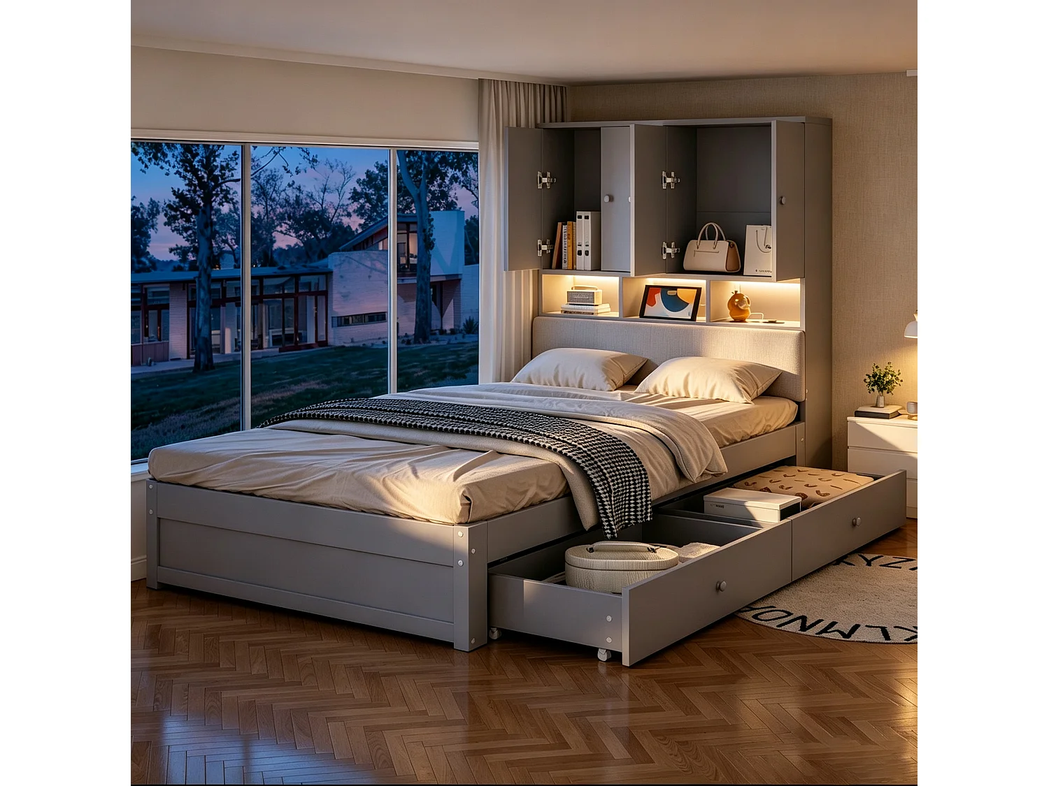 Lit multifonctionnel en bois 90 x 200 cm - avec 2 tiroirs - avec espace de rangement - avec lumière LED et prise - gris (matelas non inclus)