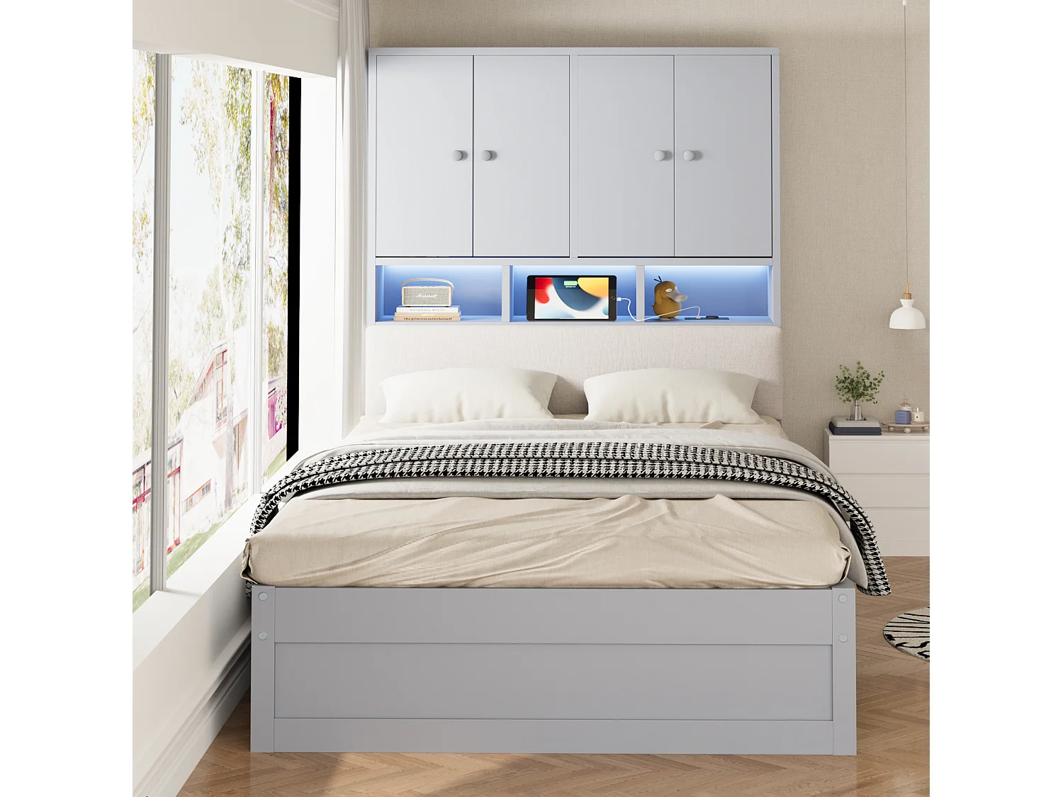 Lit multifonctionnel en bois 90 x 200 cm - avec 2 tiroirs - avec espace de rangement - avec lumière LED et prise - gris (matelas non inclus)