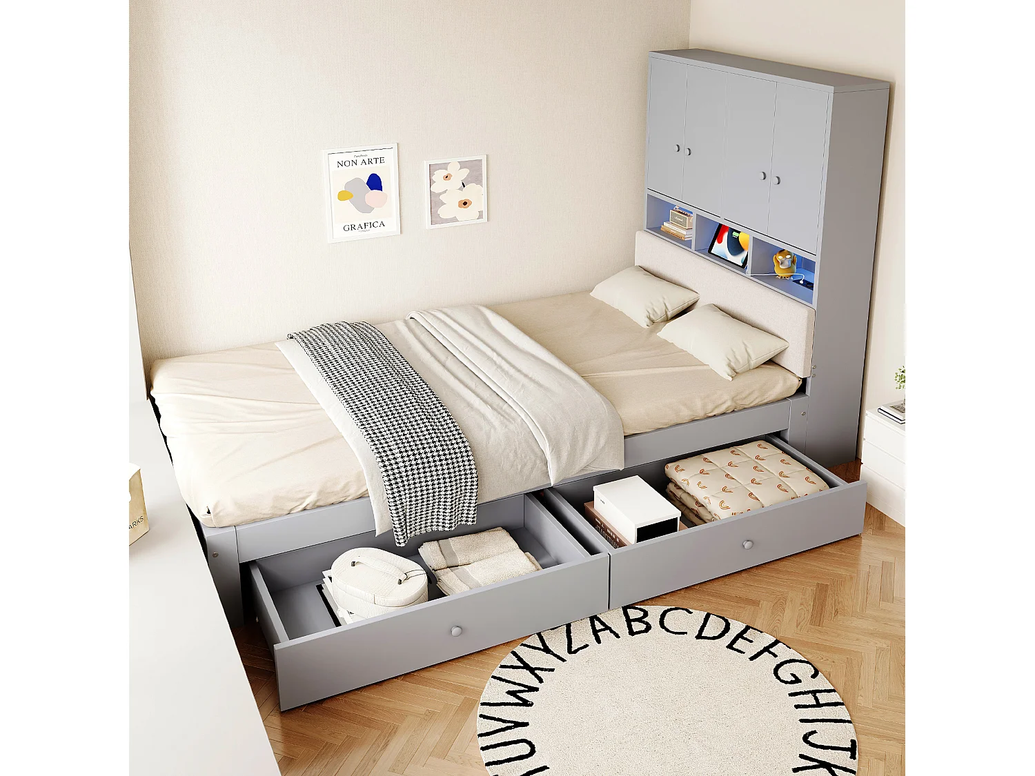 Lit multifonctionnel en bois 90 x 200 cm - avec 2 tiroirs - avec espace de rangement - avec lumière LED et prise - gris (matelas non inclus)