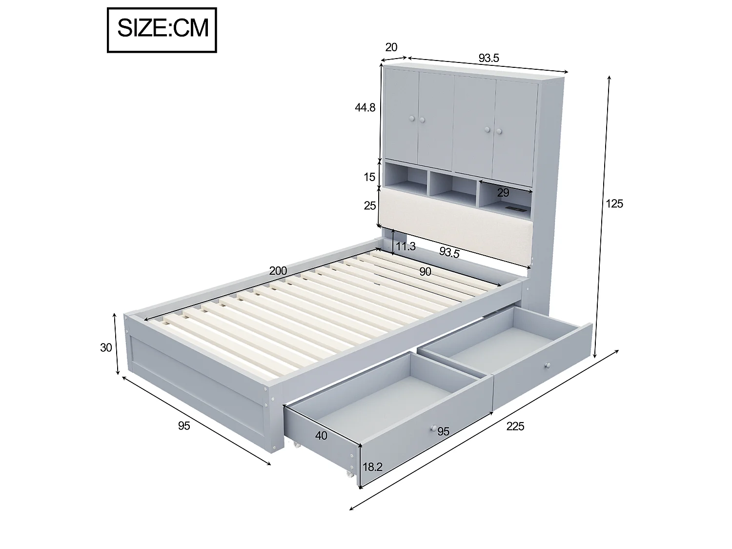 Lit multifonctionnel en bois 90 x 200 cm - avec 2 tiroirs - avec espace de rangement - avec lumière LED et prise - gris (matelas non inclus)