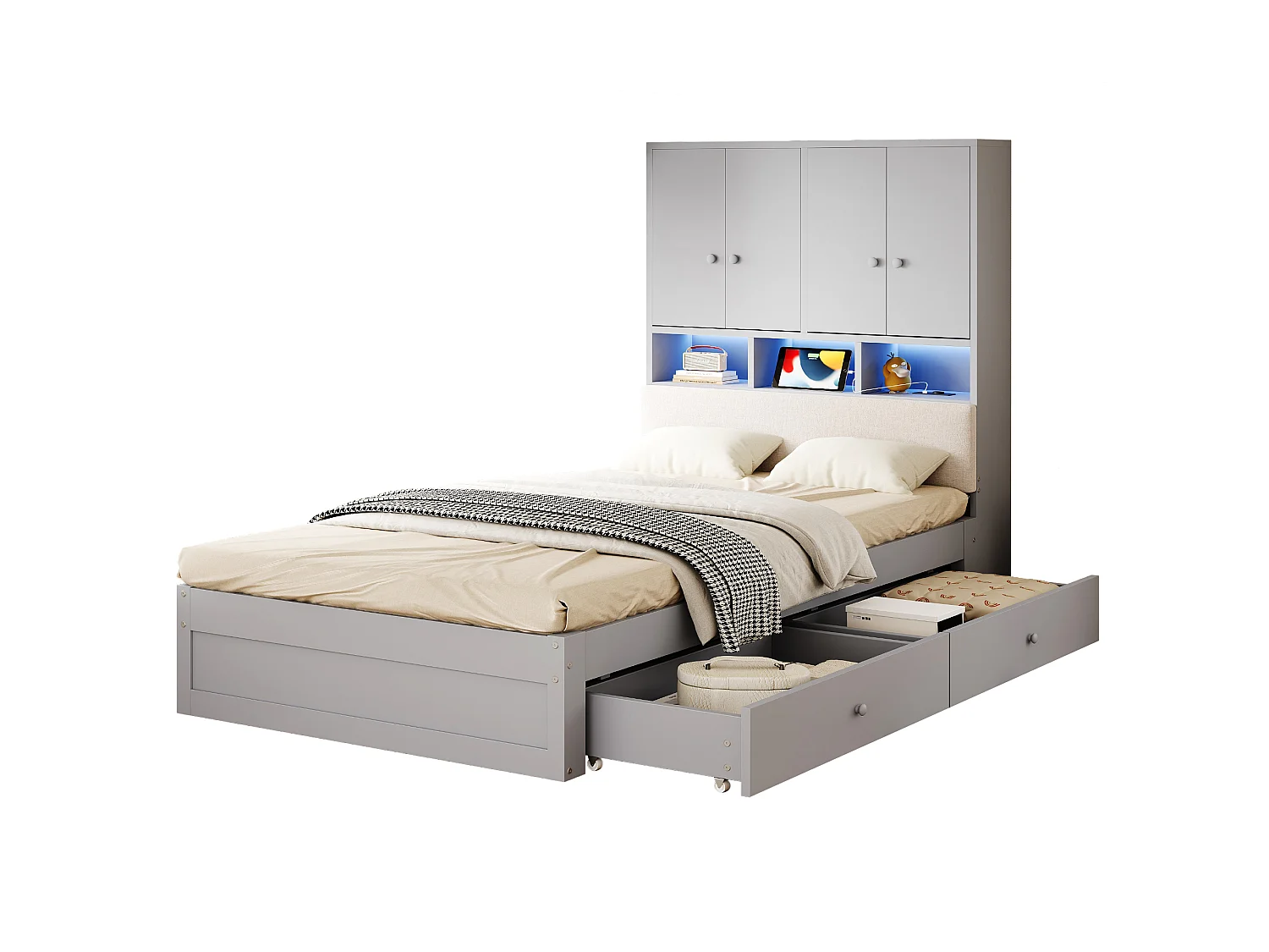 Lit multifonctionnel en bois 90 x 200 cm - avec 2 tiroirs - avec espace de rangement - avec lumière LED et prise - gris (matelas non inclus)