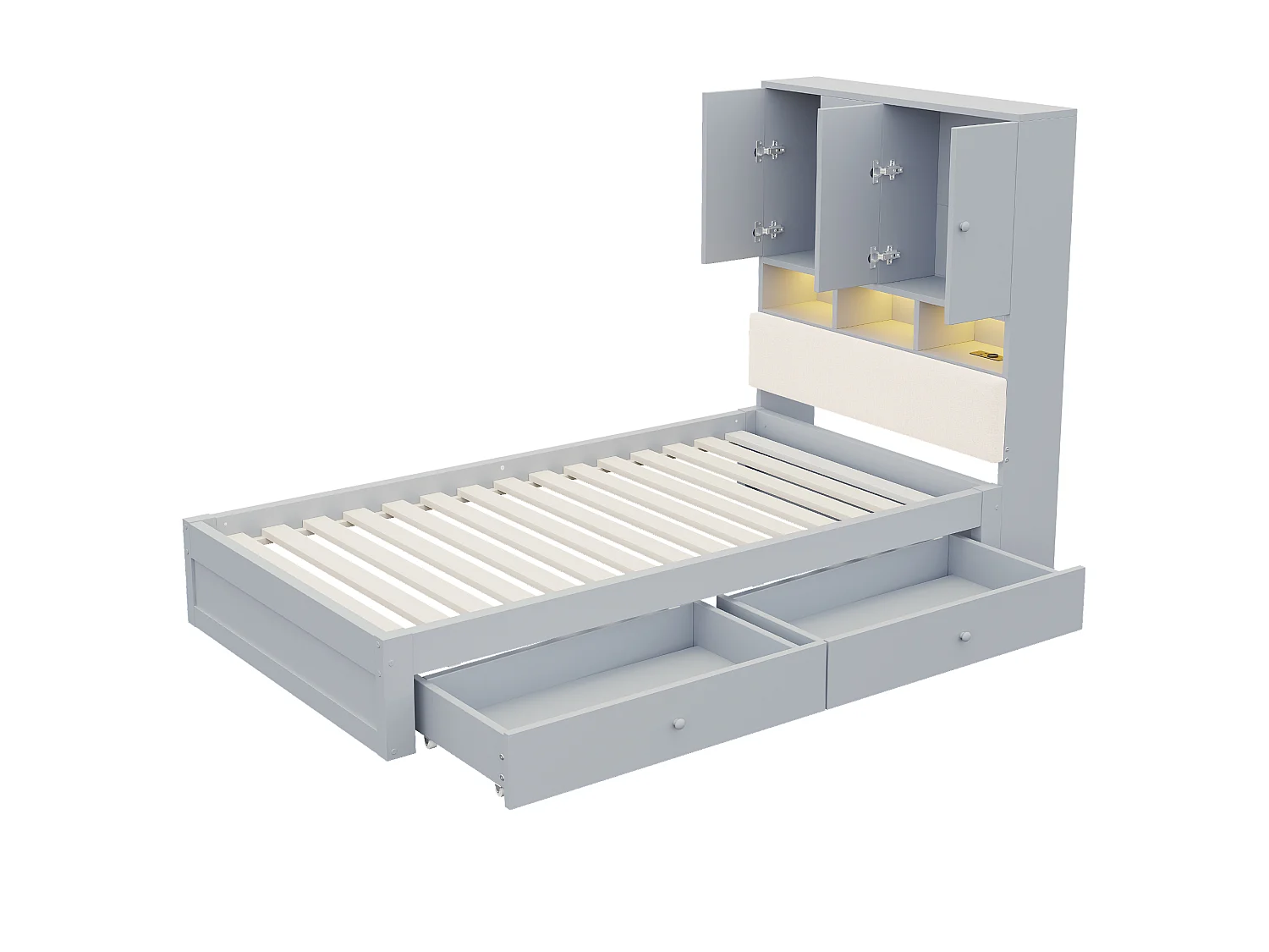 Lit multifonctionnel en bois 90 x 200 cm - avec 2 tiroirs - avec espace de rangement - avec lumière LED et prise - gris (matelas non inclus)