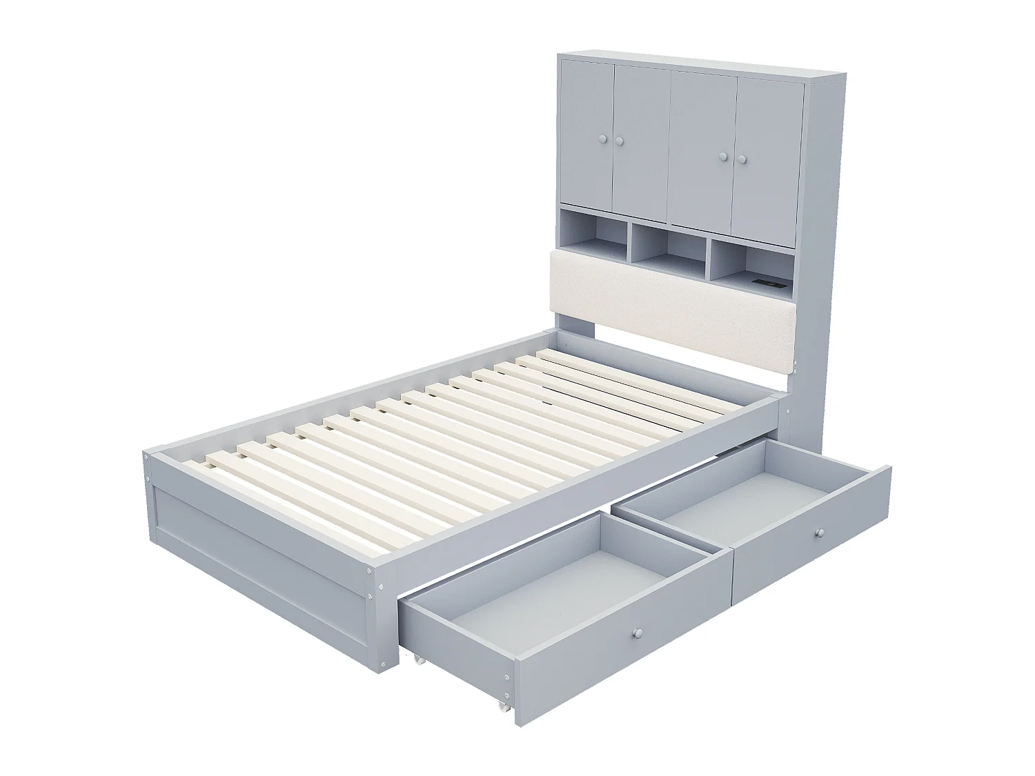 Lit multifonctionnel en bois 90 x 200 cm - avec 2 tiroirs - avec espace de rangement - avec lumière LED et prise - gris (matelas non inclus)