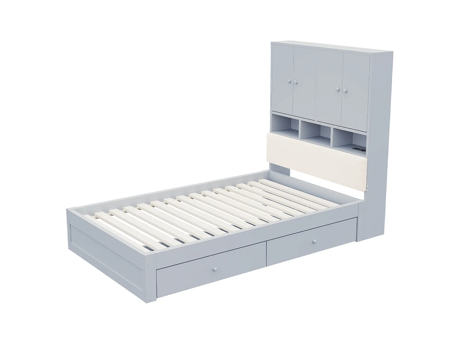 Lit multifonctionnel en bois 90 x 200 cm - avec 2 tiroirs - avec espace de rangement - avec lumière LED et prise - gris (matelas non inclus)