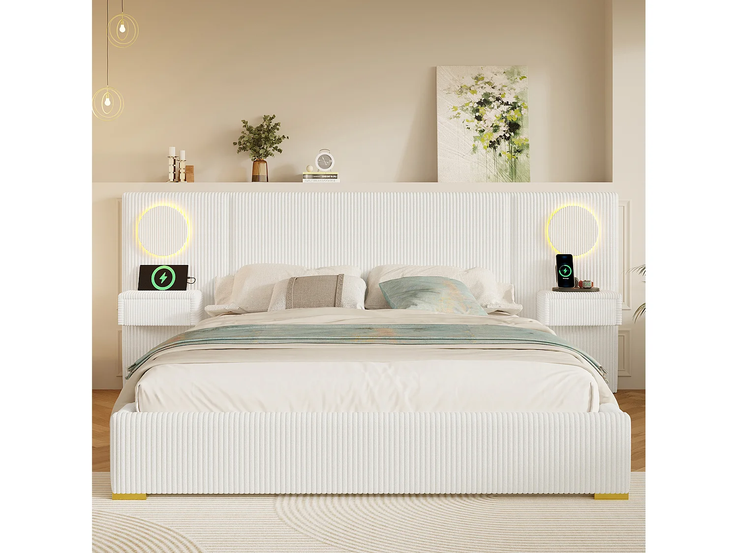 Lit capitonné 180x200 cm en velours français - Avec tête de lit LED, port USB et 2 tiroirs de chevet - Beige (Matelas non inclus)