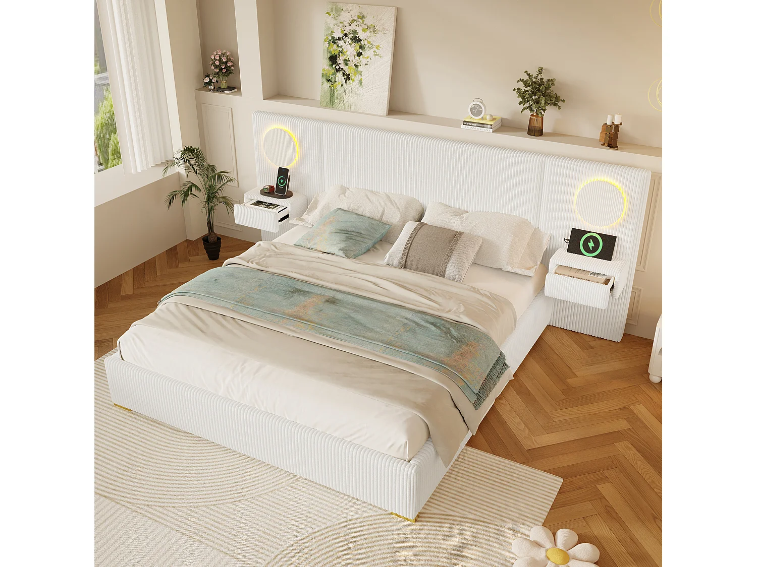 Lit capitonné 180x200 cm en velours français - Avec tête de lit LED, port USB et 2 tiroirs de chevet - Beige (Matelas non inclus)