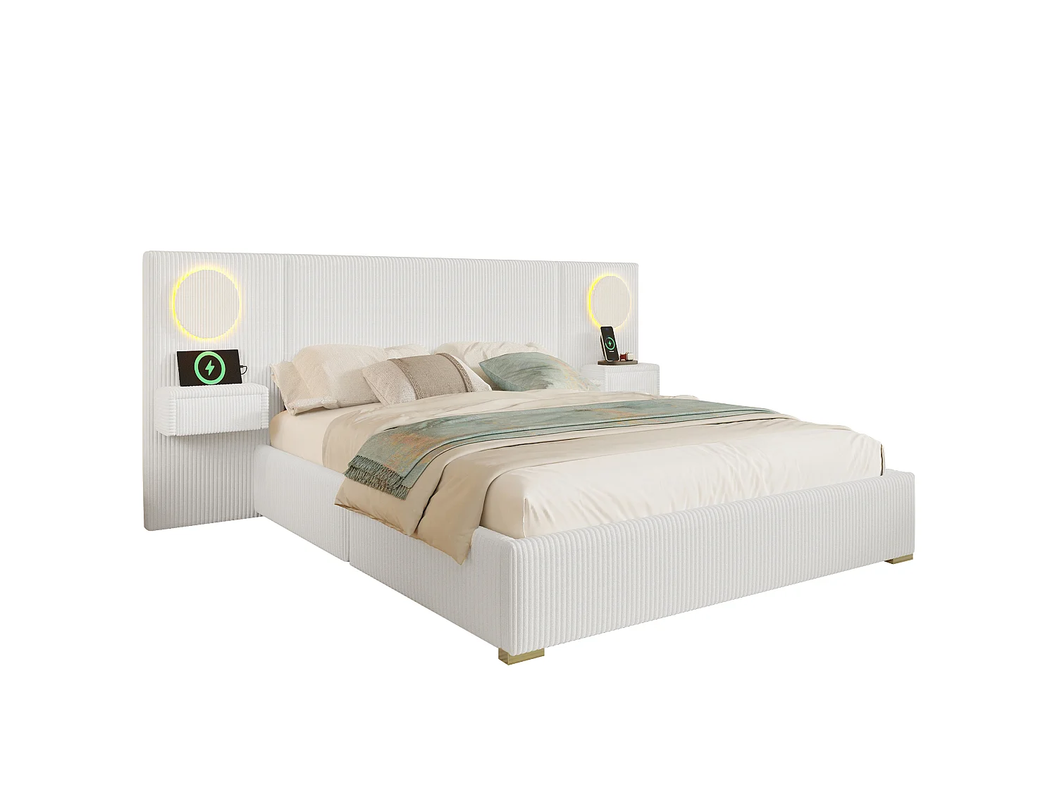 Lit capitonné 180x200 cm en velours français - Avec tête de lit LED, port USB et 2 tiroirs de chevet - Beige (Matelas non inclus)