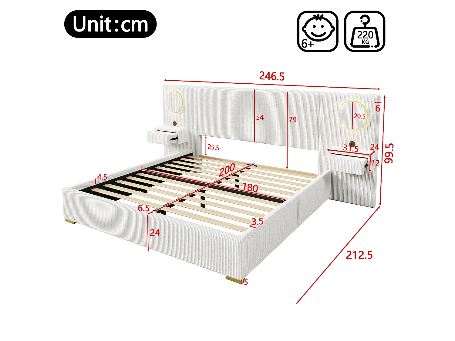 Lit capitonné 180x200 cm en velours français - Avec tête de lit LED, port USB et 2 tiroirs de chevet - Beige (Matelas non inclus)