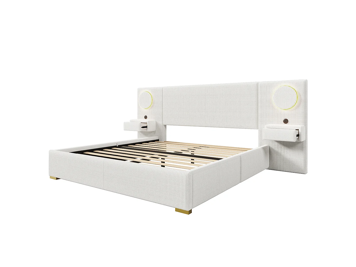Lit capitonné 180x200 cm en velours français - Avec tête de lit LED, port USB et 2 tiroirs de chevet - Beige (Matelas non inclus)
