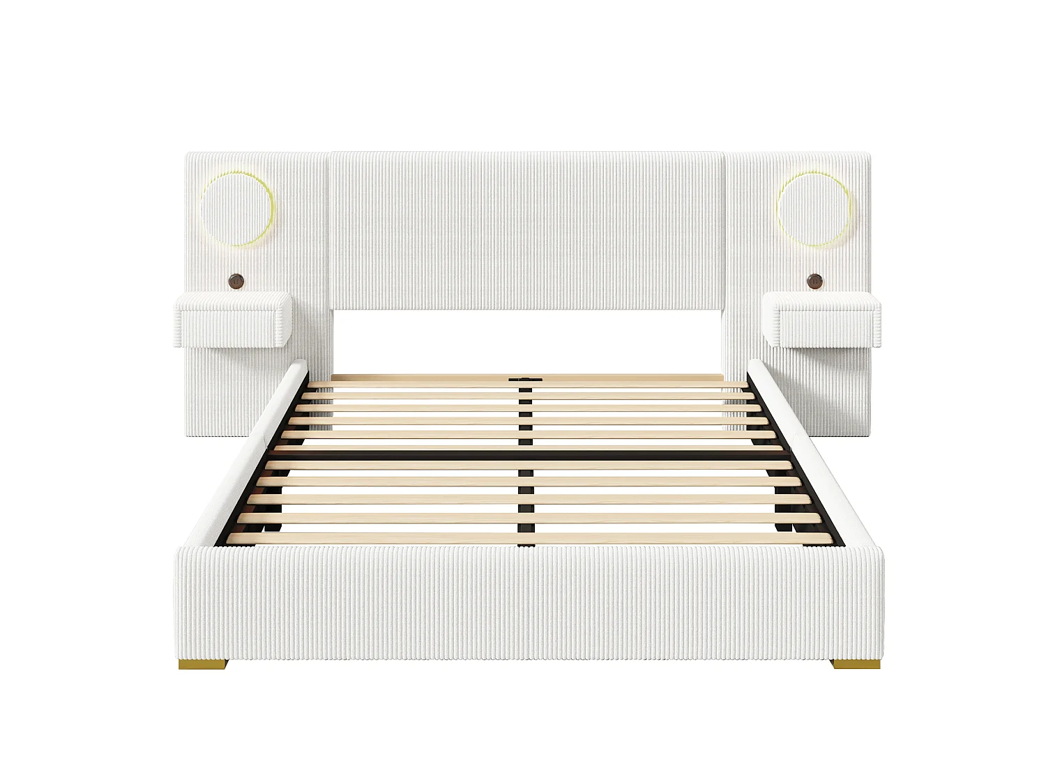 Lit capitonné 180x200 cm en velours français - Avec tête de lit LED, port USB et 2 tiroirs de chevet - Beige (Matelas non inclus)