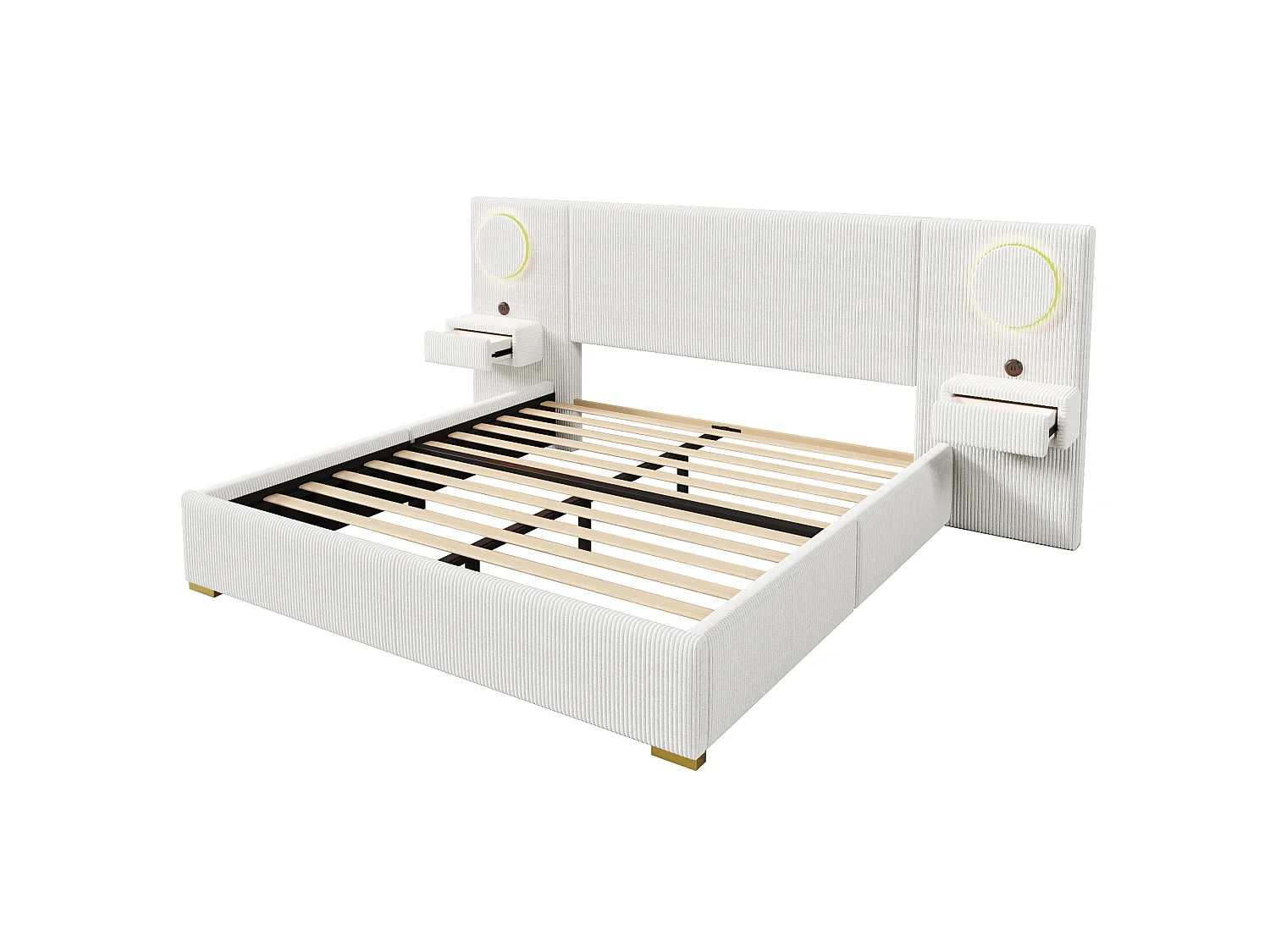 Lit capitonné 180x200 cm en velours français - Avec tête de lit LED, port USB et 2 tiroirs de chevet - Beige (Matelas non inclus)