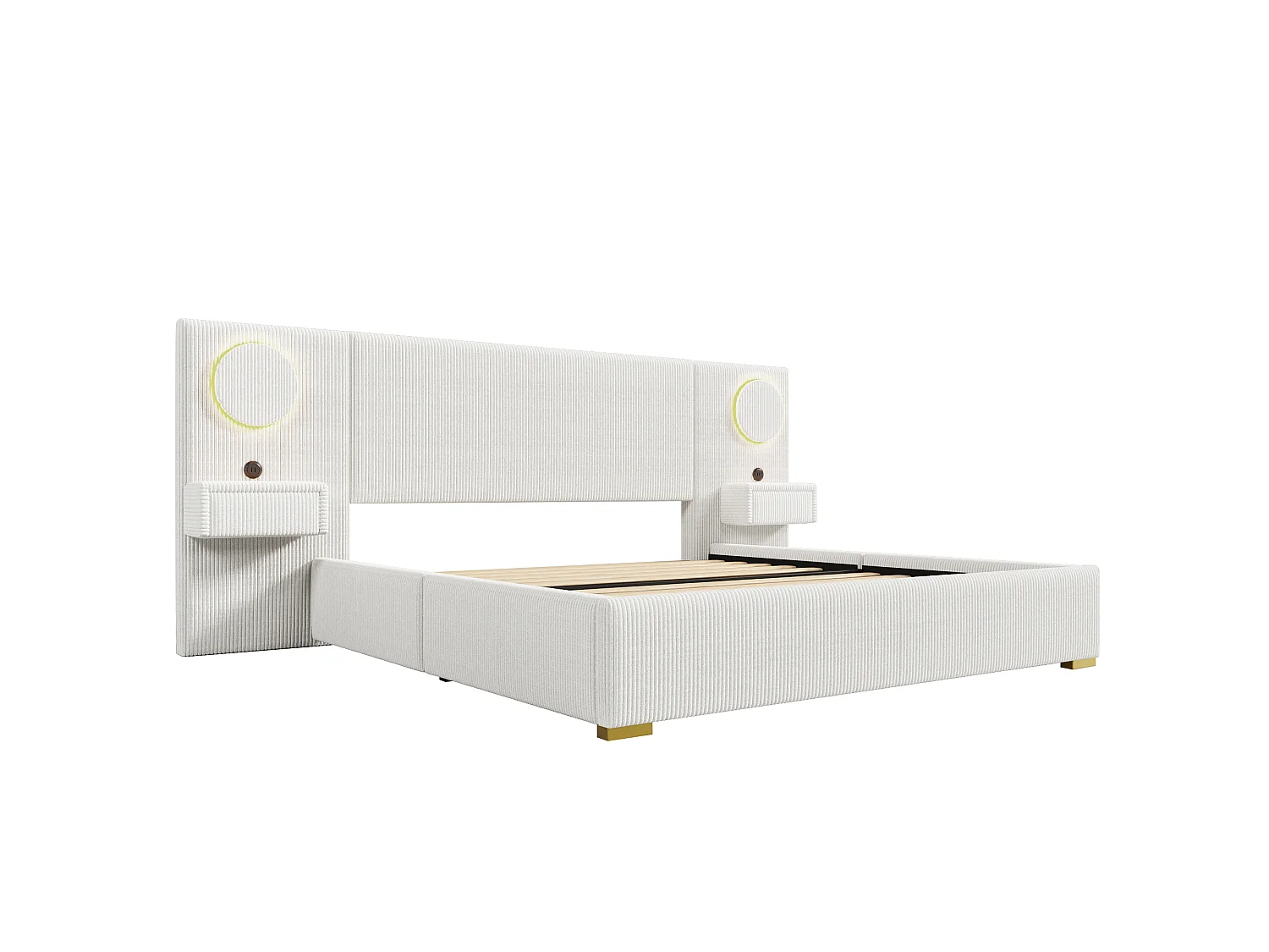 Lit capitonné 180x200 cm en velours français - Avec tête de lit LED, port USB et 2 tiroirs de chevet - Beige (Matelas non inclus)