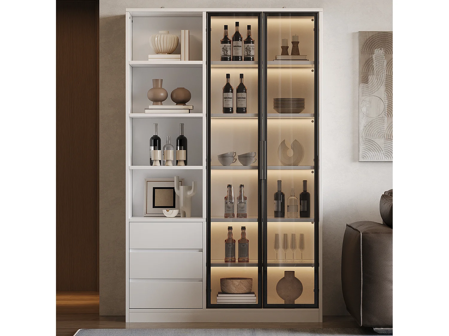 Vitrine/armoire haute 100x35x160 cm - avec éclairage LED - 2 portes vitrées et 3 tiroirs - étagères réglables - blanc