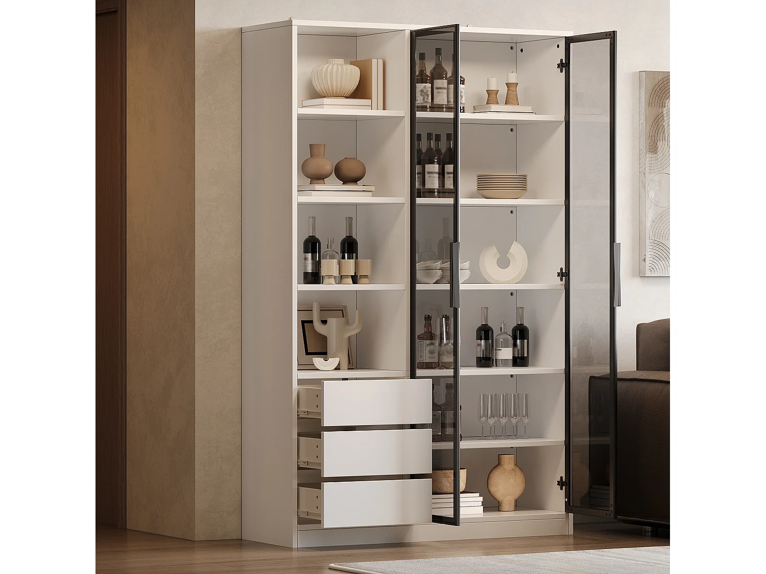 Vitrine/armoire haute 100x35x160 cm - avec éclairage LED - 2 portes vitrées et 3 tiroirs - étagères réglables - blanc