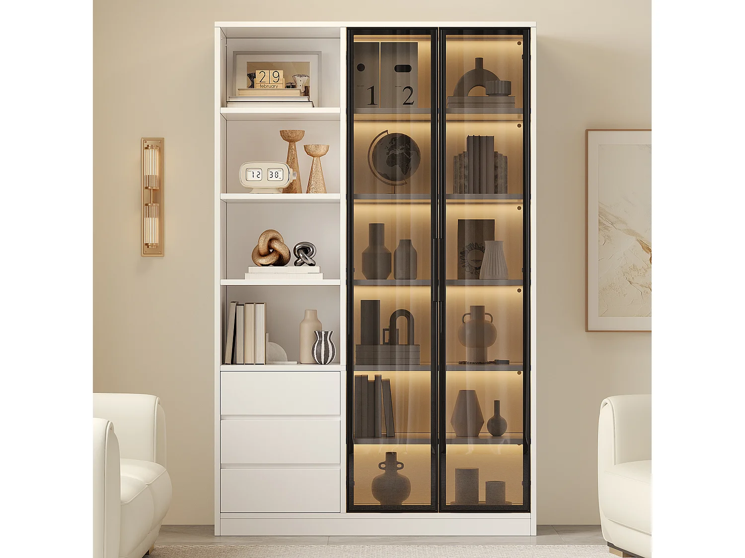 Vitrine/armoire haute 100x35x160 cm - avec éclairage LED - 2 portes vitrées et 3 tiroirs - étagères réglables - blanc