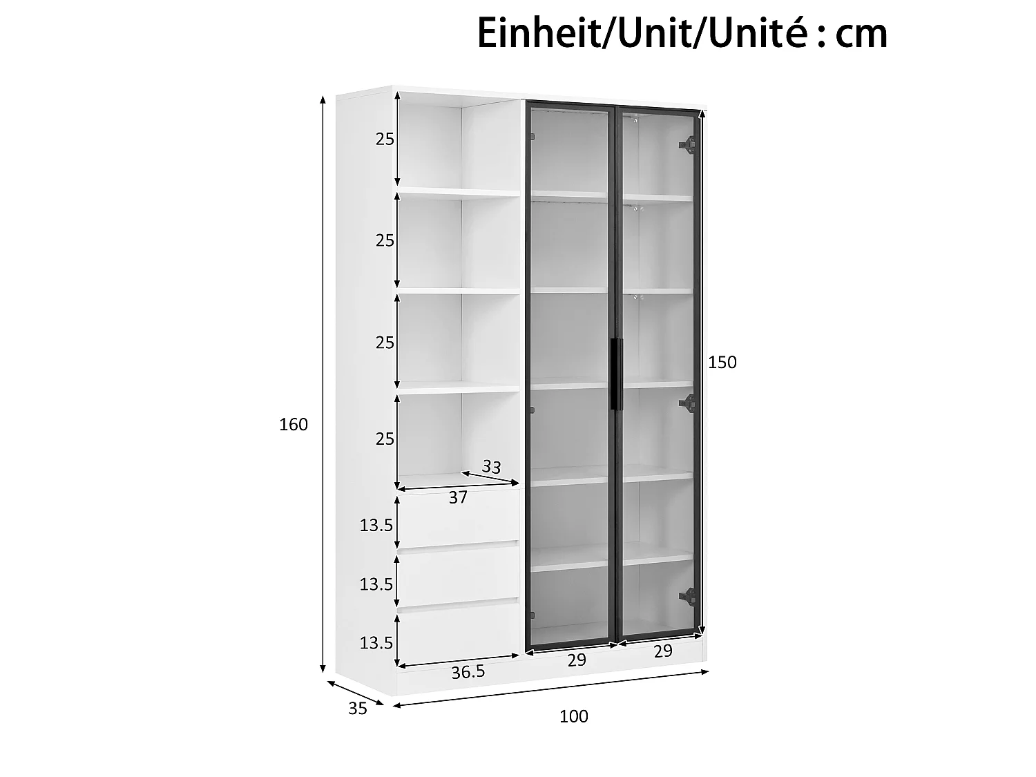 Vitrine/armoire haute 100x35x160 cm - avec éclairage LED - 2 portes vitrées et 3 tiroirs - étagères réglables - blanc