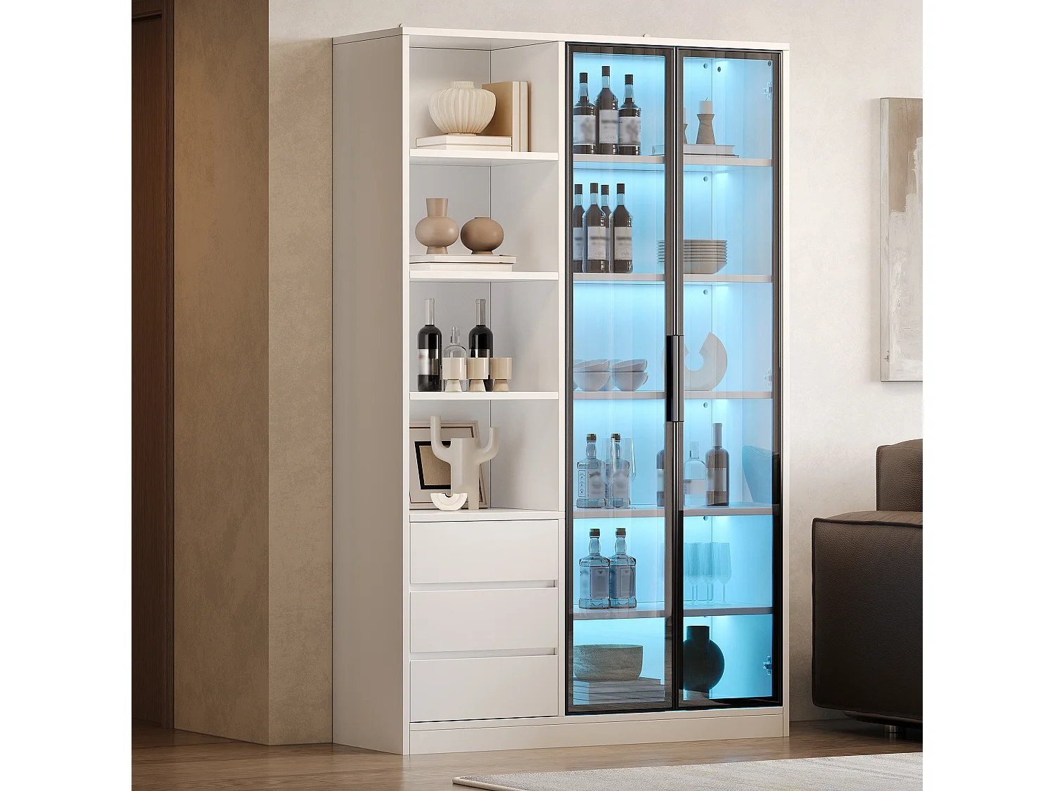 Vitrine/armoire haute 100x35x160 cm - avec éclairage LED - 2 portes vitrées et 3 tiroirs - étagères réglables - blanc