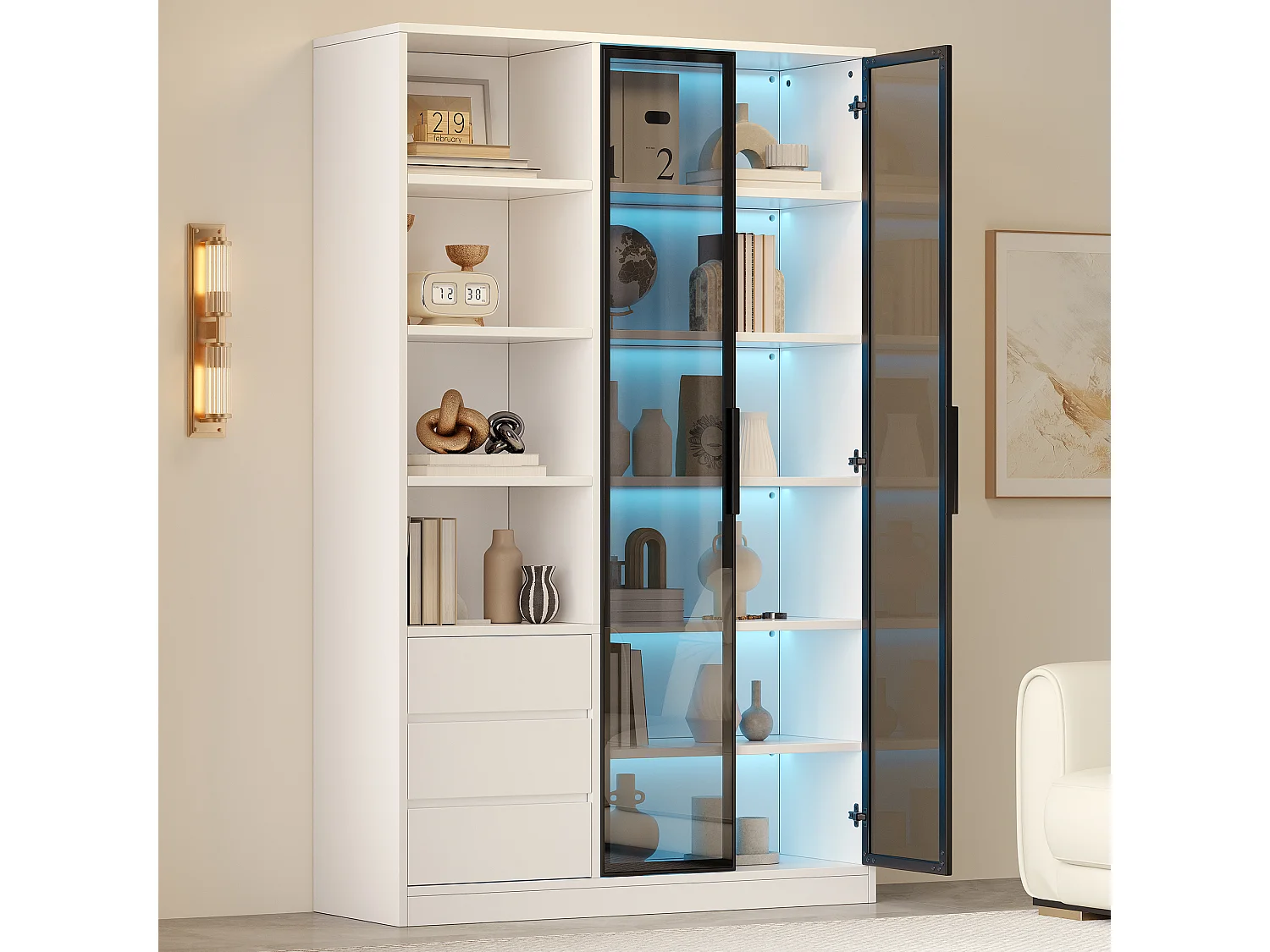 Vitrine/armoire haute 100x35x160 cm - avec éclairage LED - 2 portes vitrées et 3 tiroirs - étagères réglables - blanc