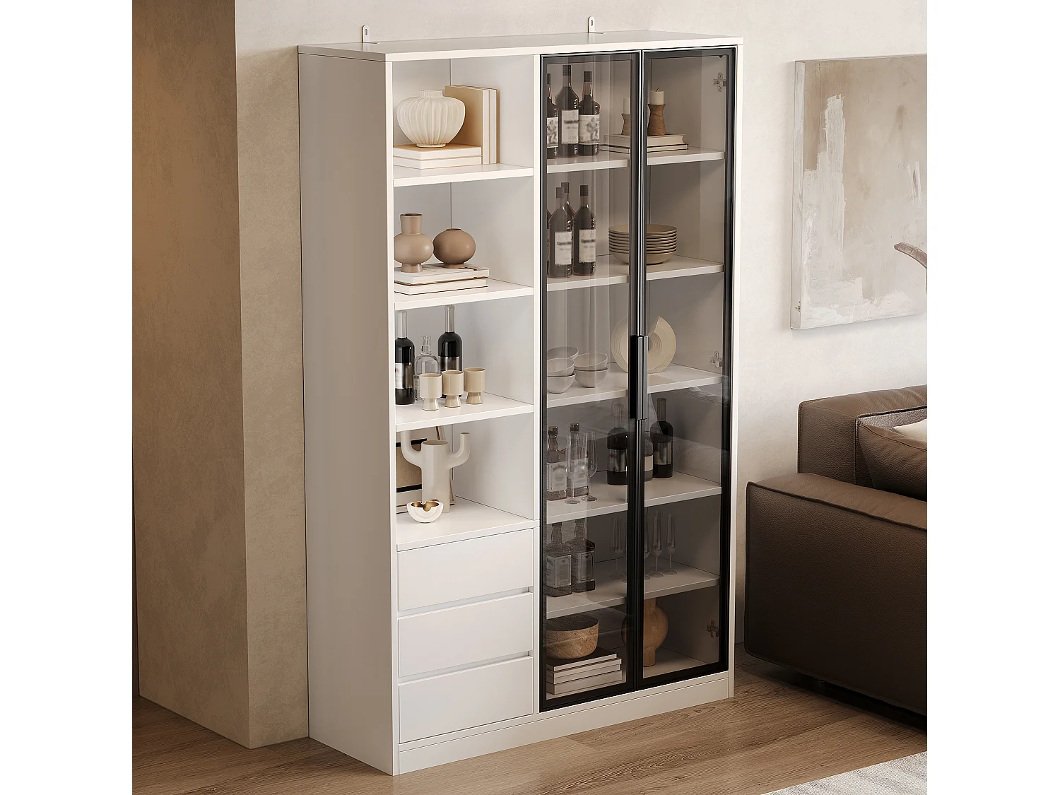 Vitrine/armoire haute 100x35x160 cm - avec éclairage LED - 2 portes vitrées et 3 tiroirs - étagères réglables - blanc