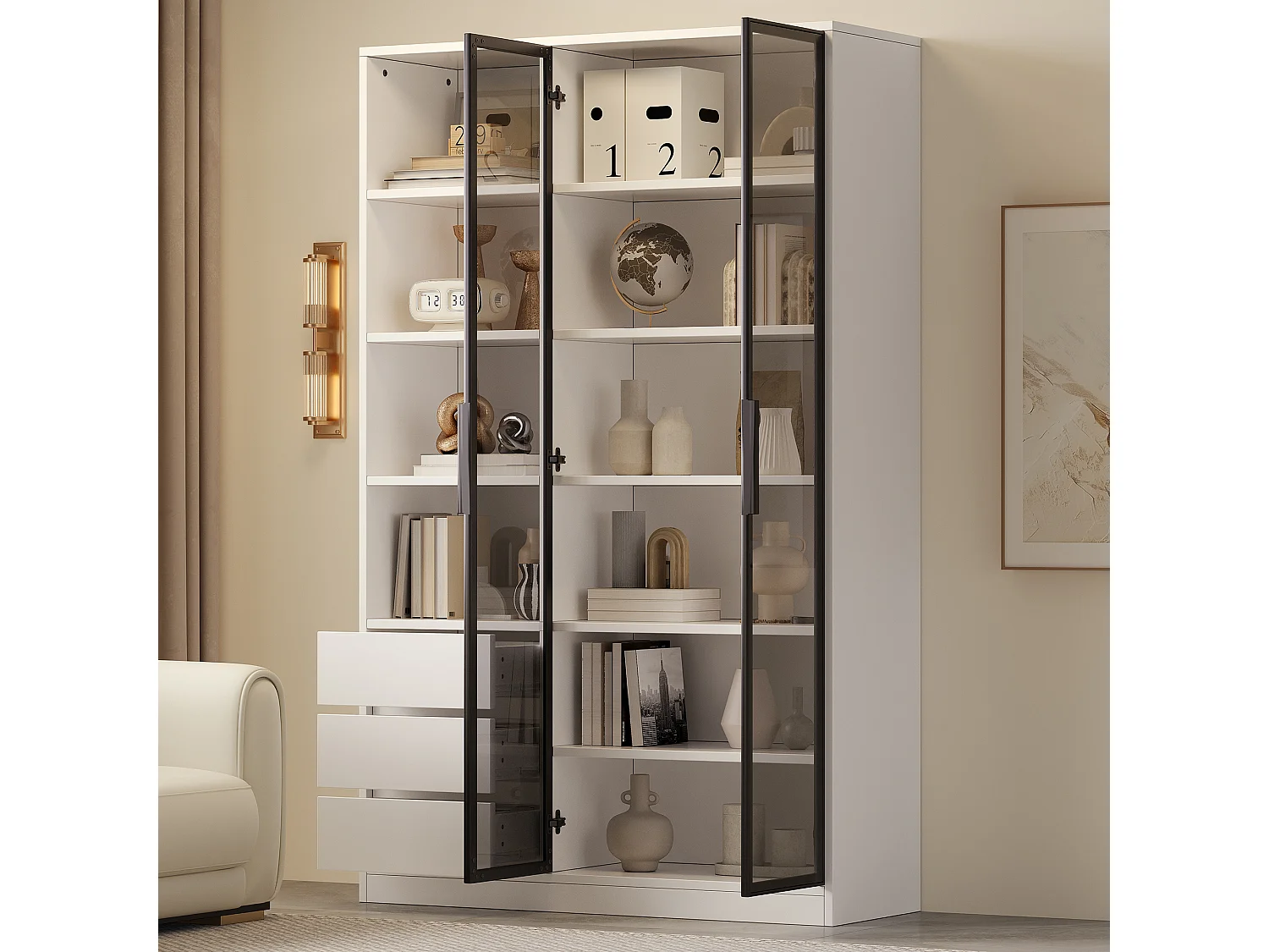 Vitrine/armoire haute 100x35x160 cm - avec éclairage LED - 2 portes vitrées et 3 tiroirs - étagères réglables - blanc