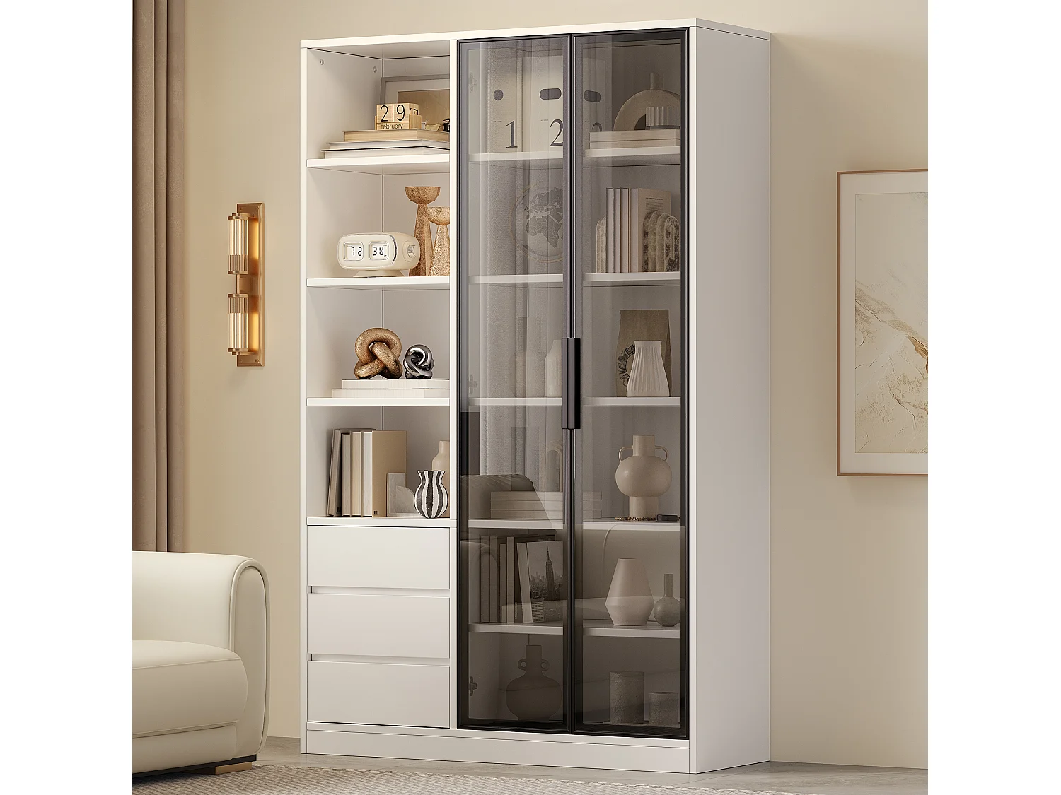 Vitrine/armoire haute 100x35x160 cm - avec éclairage LED - 2 portes vitrées et 3 tiroirs - étagères réglables - blanc