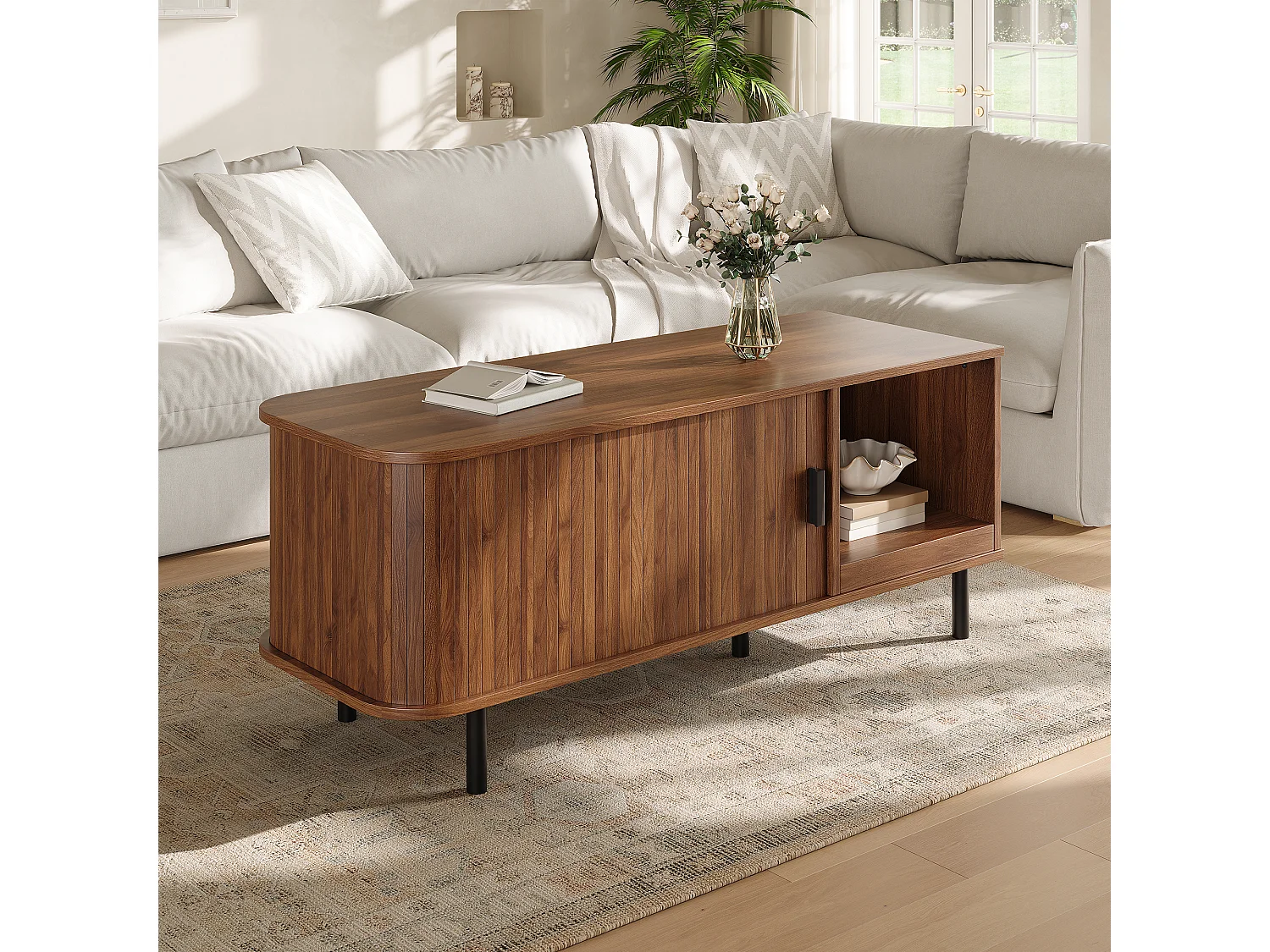 Table basse rectangulaire moderne 110x40x55cm - avec porte coulissante et étagère ouverte - Rayures verticales - Marron