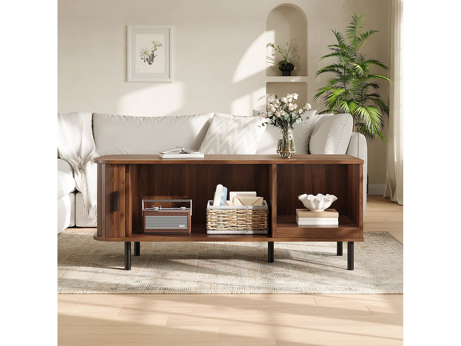 Table basse rectangulaire moderne 110x40x55cm - avec porte coulissante et étagère ouverte - Rayures verticales - Marron