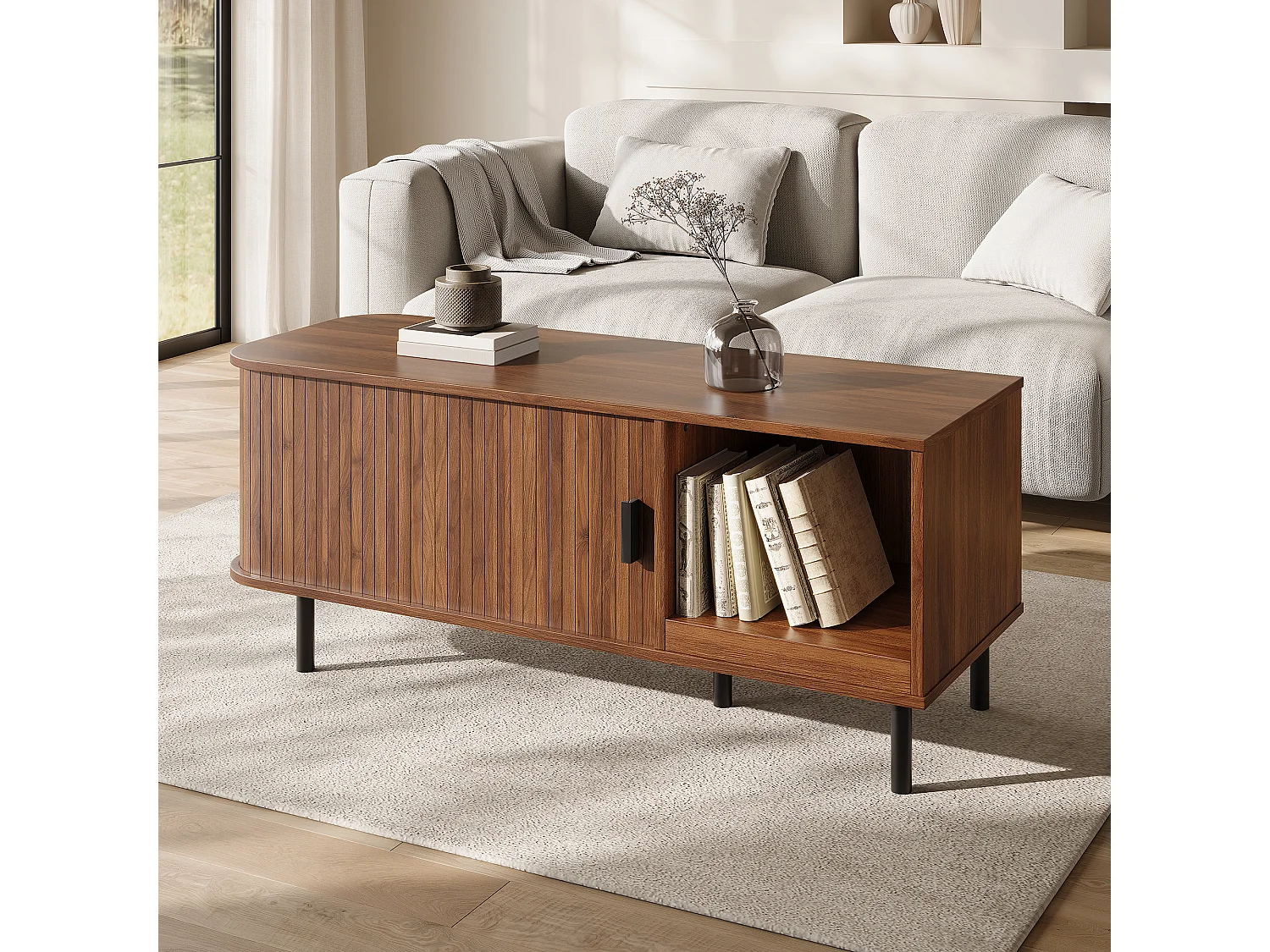 Table basse rectangulaire moderne 110x40x55cm - avec porte coulissante et étagère ouverte - Rayures verticales - Marron