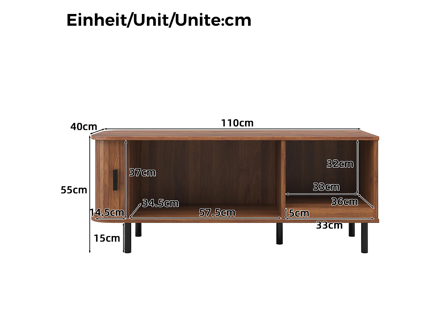 Table basse rectangulaire moderne 110x40x55cm - avec porte coulissante et étagère ouverte - Rayures verticales - Marron