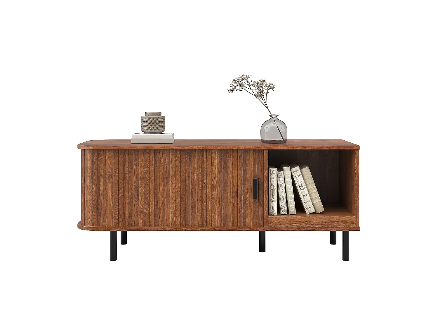 Table basse rectangulaire moderne 110x40x55cm - avec porte coulissante et étagère ouverte - Rayures verticales - Marron
