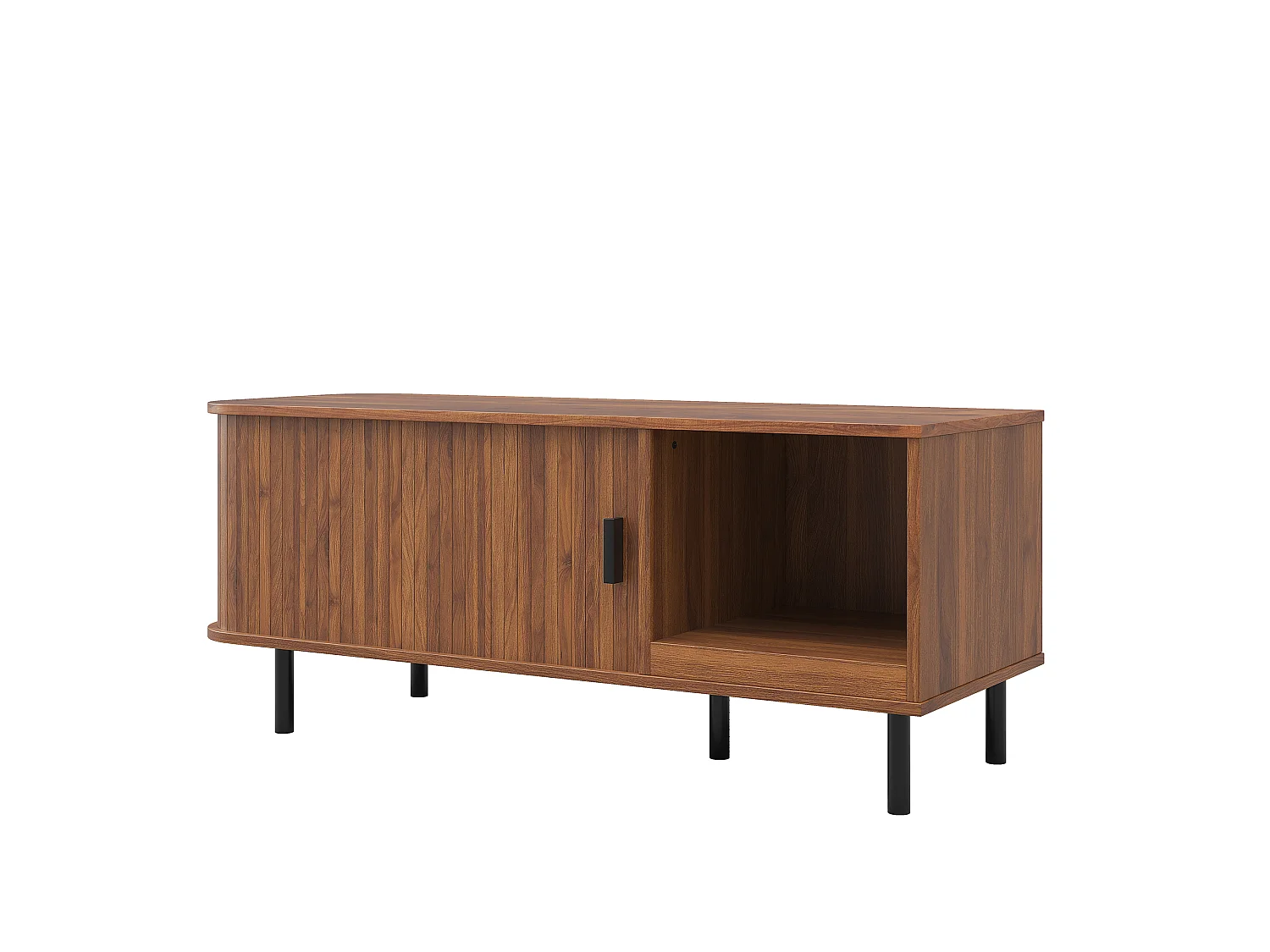 Table basse rectangulaire moderne 110x40x55cm - avec porte coulissante et étagère ouverte - Rayures verticales - Marron