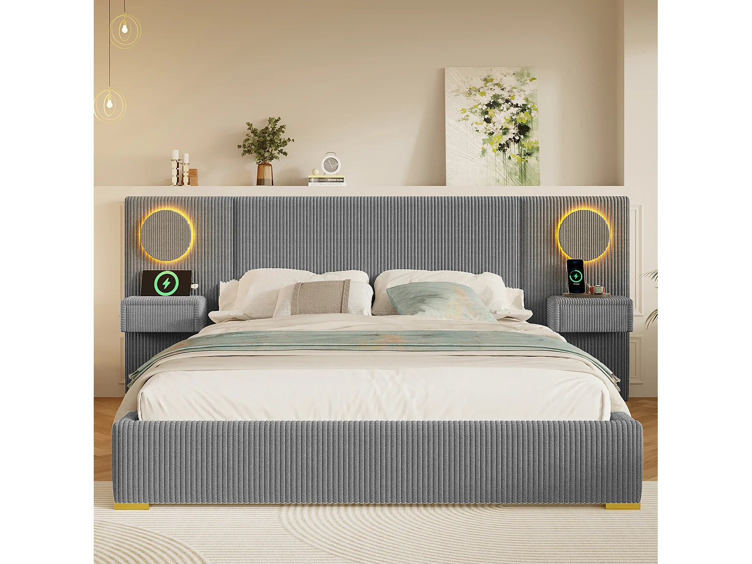 Lit capitonné 180x200 cm en velours français - Avec tête de lit LED, port USB et 2 tiroirs de chevet - Gris (Matelas non inclus)