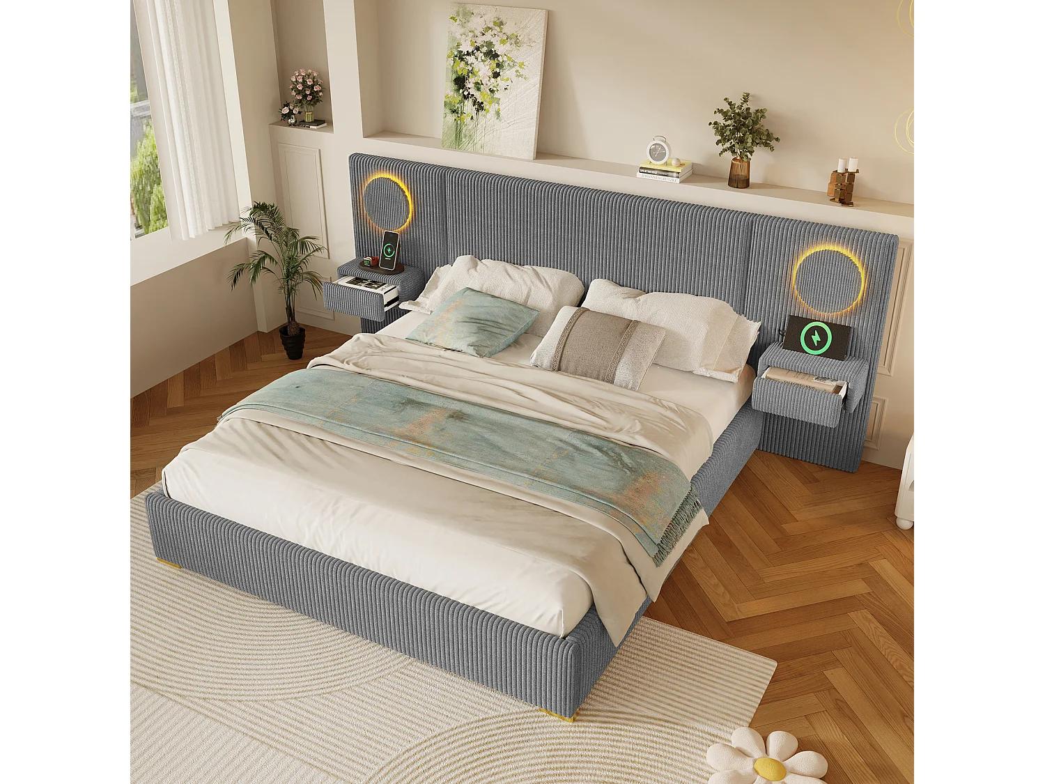 Lit capitonné 180x200 cm en velours français - Avec tête de lit LED, port USB et 2 tiroirs de chevet - Gris (Matelas non inclus)