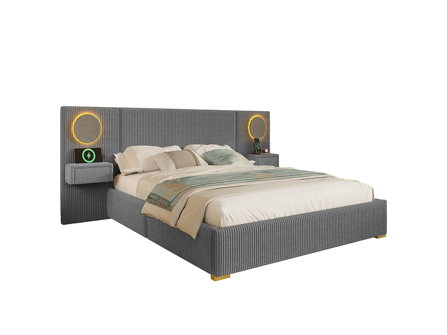 Lit capitonné 180x200 cm en velours français - Avec tête de lit LED, port USB et 2 tiroirs de chevet - Gris (Matelas non inclus)