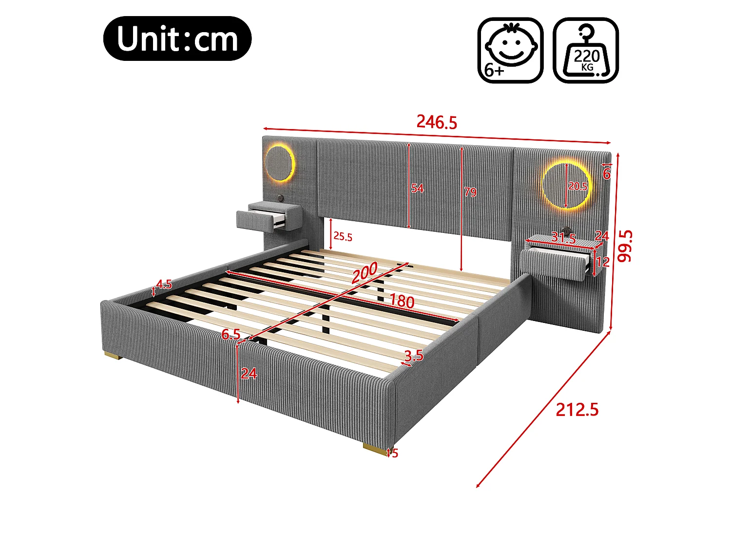 Lit capitonné 180x200 cm en velours français - Avec tête de lit LED, port USB et 2 tiroirs de chevet - Gris (Matelas non inclus)