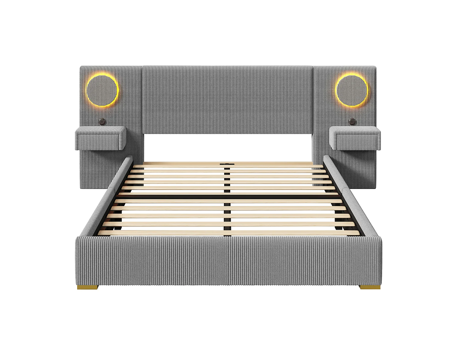 Lit capitonné 180x200 cm en velours français - Avec tête de lit LED, port USB et 2 tiroirs de chevet - Gris (Matelas non inclus)