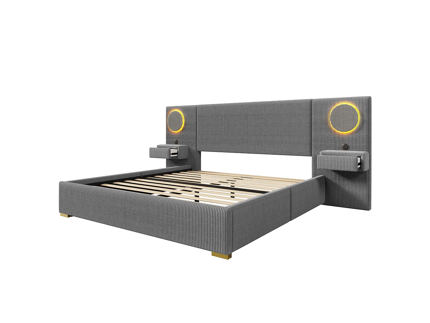 Lit capitonné 180x200 cm en velours français - Avec tête de lit LED, port USB et 2 tiroirs de chevet - Gris (Matelas non inclus)