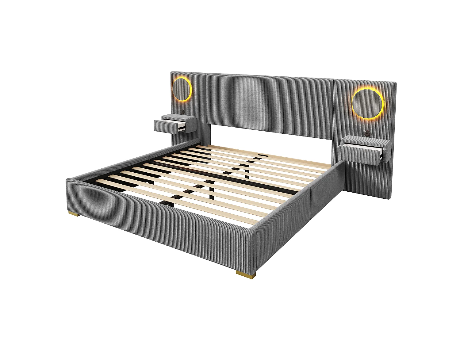 Lit capitonné 180x200 cm en velours français - Avec tête de lit LED, port USB et 2 tiroirs de chevet - Gris (Matelas non inclus)
