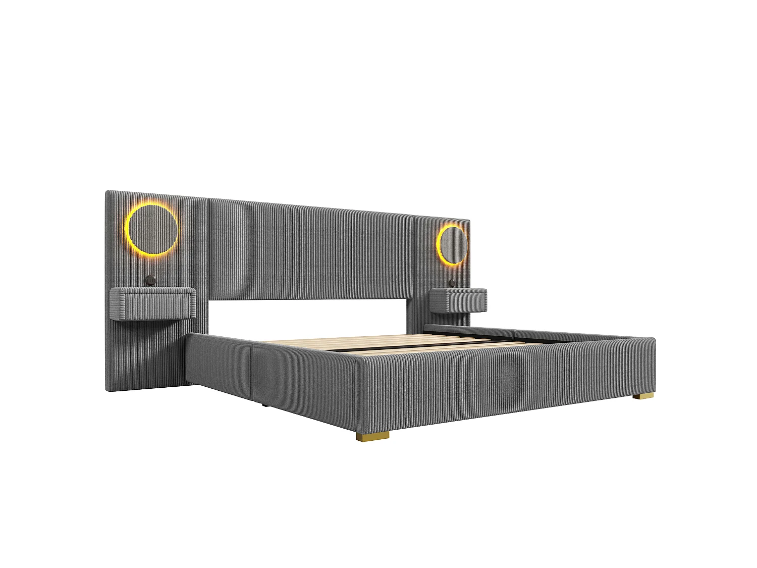 Lit capitonné 180x200 cm en velours français - Avec tête de lit LED, port USB et 2 tiroirs de chevet - Gris (Matelas non inclus)