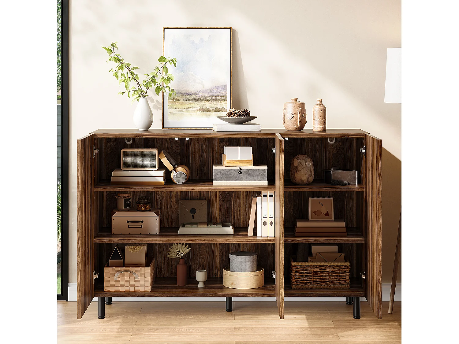 Buffet/Meuble à chaussures 120x37x80 cm - Avec 3 portes - Étagères réglables - 5 pieds en métal - MDF - Marron