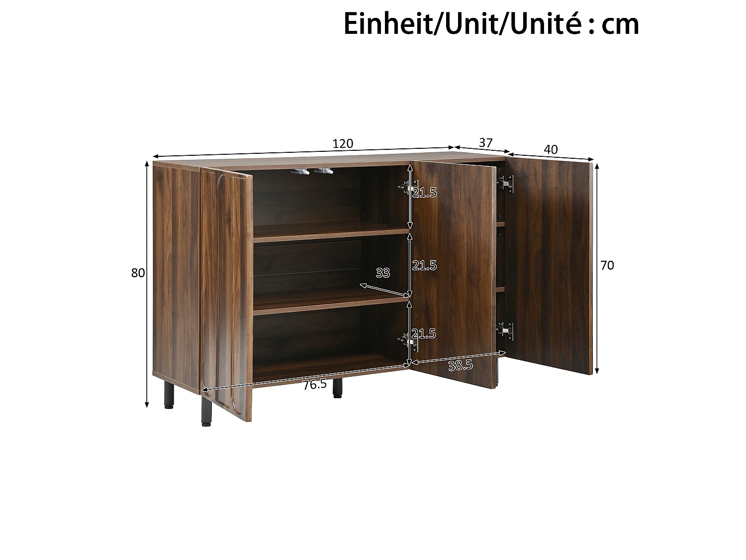 Buffet/Meuble à chaussures 120x37x80 cm - Avec 3 portes - Étagères réglables - 5 pieds en métal - MDF - Marron