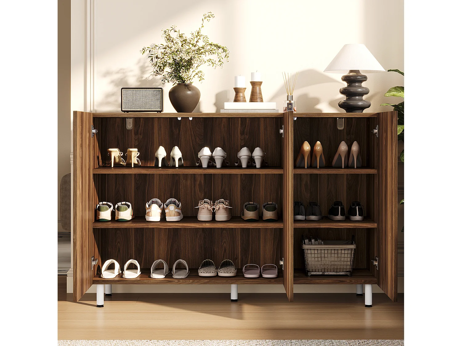 Buffet/Meuble à chaussures 120x37x80 cm - Avec 3 portes - Étagères réglables - 5 pieds en métal - MDF - Marron