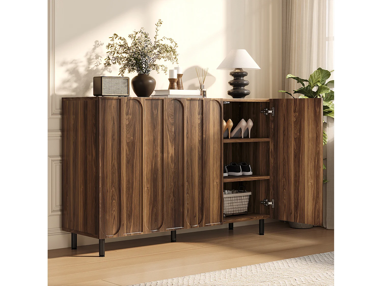 Buffet/Meuble à chaussures 120x37x80 cm - Avec 3 portes - Étagères réglables - 5 pieds en métal - MDF - Marron